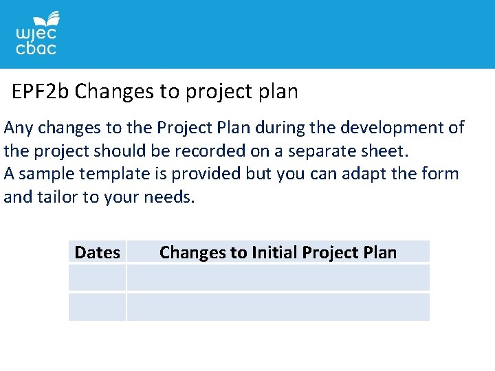 EPF 2 b Changes to project plan Any changes to the Project Plan during