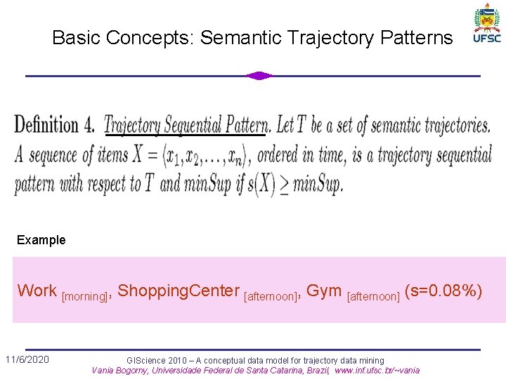 Basic Concepts: Semantic Trajectory Patterns Example Work [morning], Shopping. Center [afternoon], Gym [afternoon] (s=0.