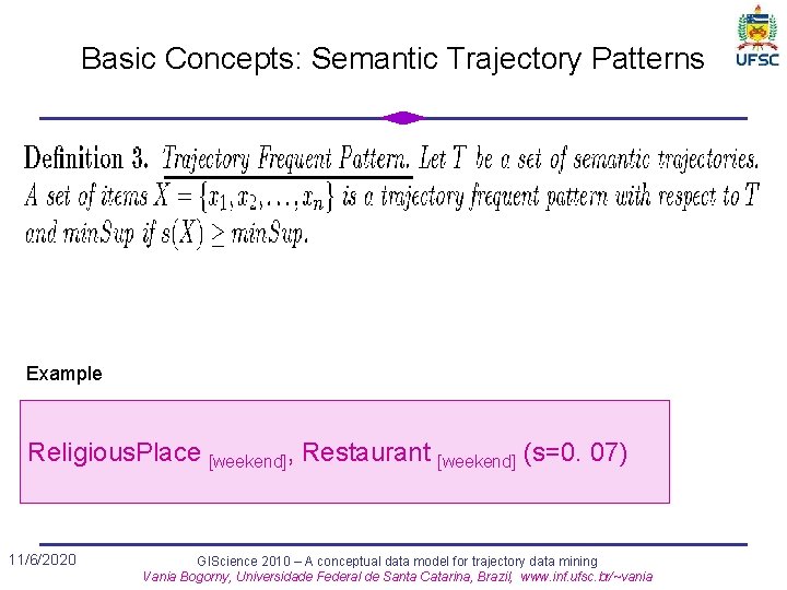 Basic Concepts: Semantic Trajectory Patterns Example Religious. Place [weekend], Restaurant [weekend] (s=0. 07) 11/6/2020