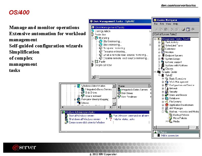 OS/400 Manage and monitor operations Extensive automation for workload management Self-guided configuration wizards Simplification