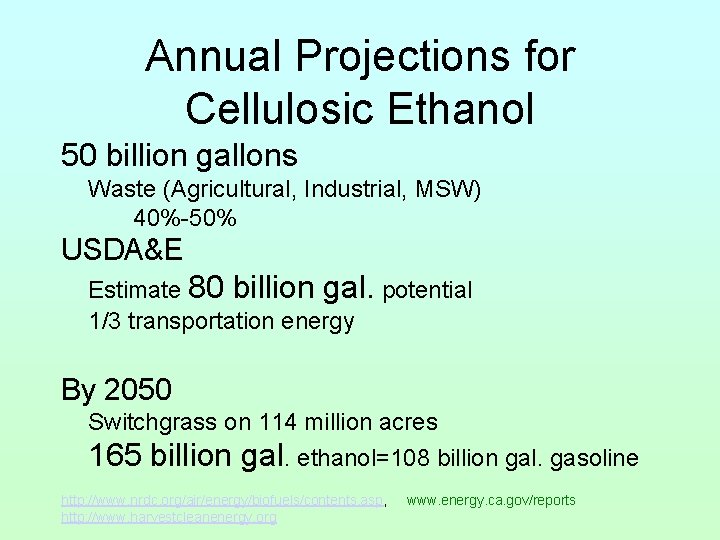 Annual Projections for Cellulosic Ethanol 50 billion gallons Waste (Agricultural, Industrial, MSW) 40%-50% USDA&E