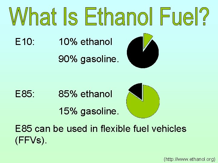 E 10: 10% ethanol 90% gasoline. E 85: 85% ethanol 15% gasoline. E 85