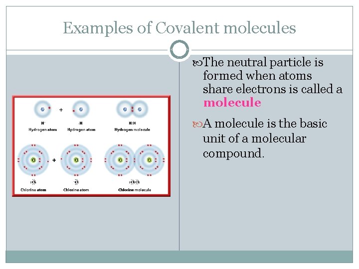 Examples of Covalent molecules The neutral particle is formed when atoms share electrons is