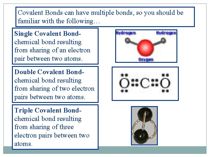 Covalent Bonds can have multiple bonds, so you should be familiar with the following…