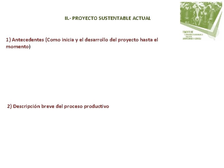 II. - PROYECTO SUSTENTABLE ACTUAL 1) Antecedentes (Como inicia y el desarrollo del proyecto