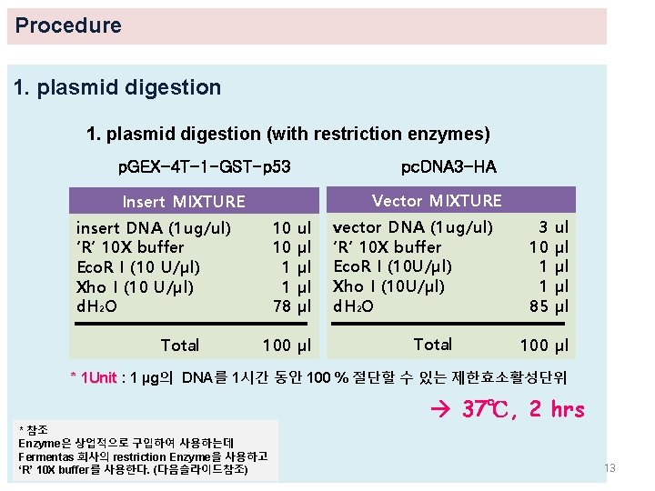 Procedure 1. plasmid digestion (with restriction enzymes) p. GEX-4 T-1 -GST-p 53 pc. DNA