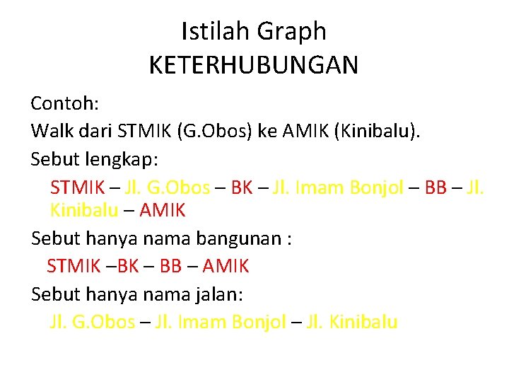 Istilah Graph KETERHUBUNGAN Contoh: Walk dari STMIK (G. Obos) ke AMIK (Kinibalu). Sebut lengkap: