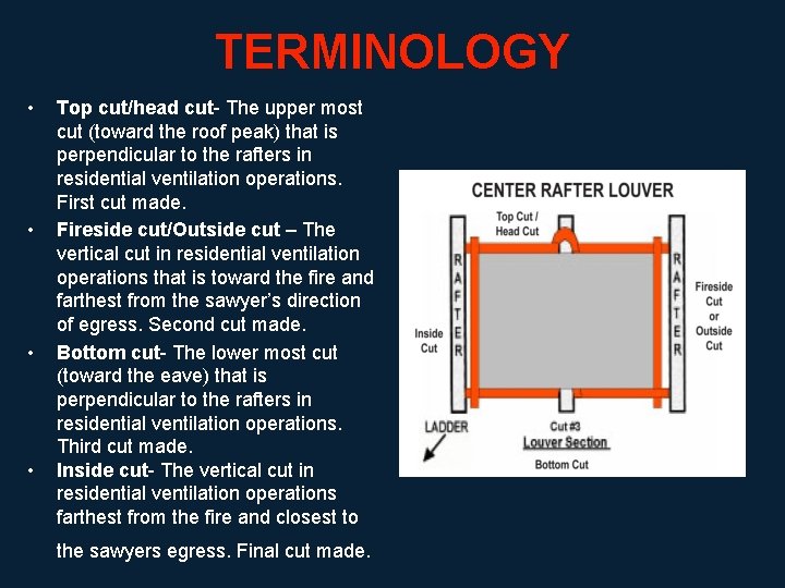 TERMINOLOGY • • Top cut/head cut- The upper most cut (toward the roof peak)