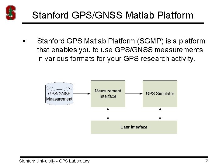 Stanford GPS/GNSS Matlab Platform § Stanford GPS Matlab Platform (SGMP) is a platform that