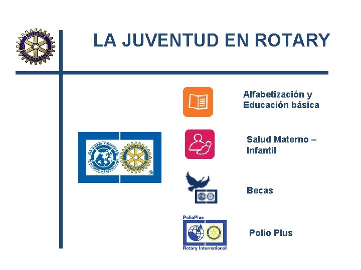 LA JUVENTUD EN ROTARY Alfabetización y Educación básica Salud Materno – Infantil Becas Polio