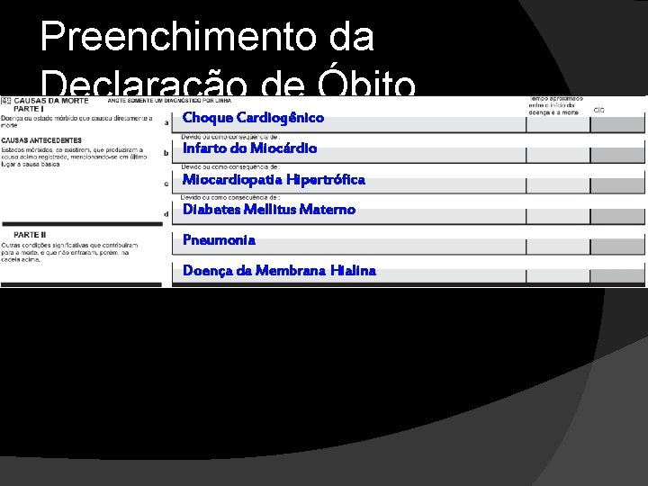 Preenchimento da Declaração de Óbito Choque Cardiogênico Infarto do Miocárdio Miocardiopatia Hipertrófica Diabetes Mellitus