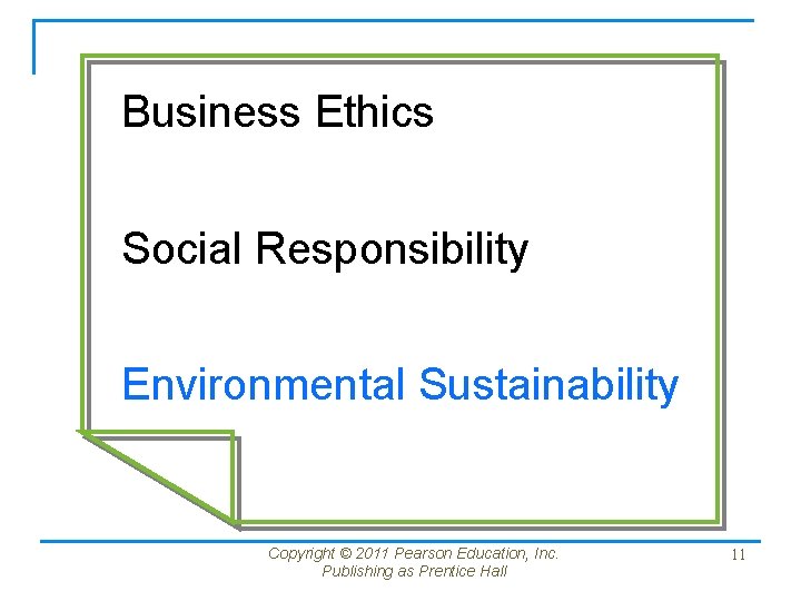 Business Ethics Social Responsibility Environmental Sustainability Copyright © 2011 Pearson Education, Inc. Publishing as