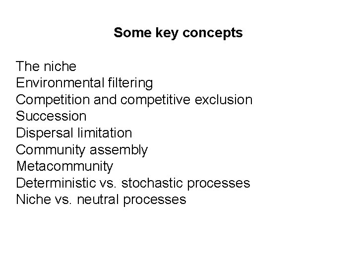 Some key concepts The niche Environmental filtering Competition and competitive exclusion Succession Dispersal limitation