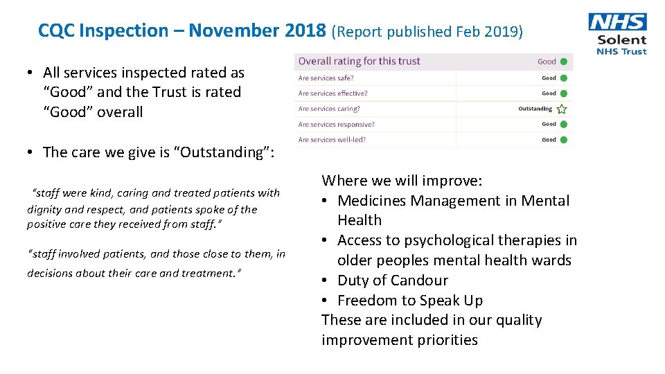 CQC Inspection – November 2018 (Report published Feb 2019) • All services inspected rated