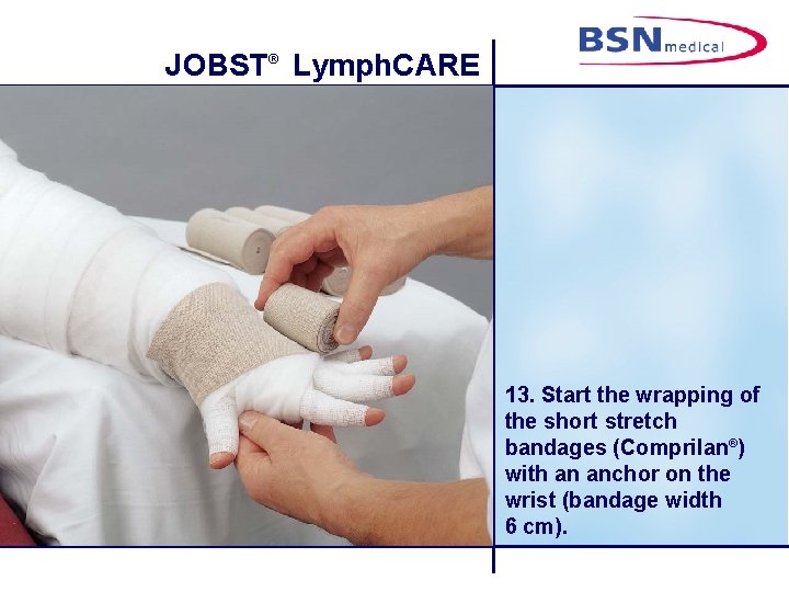 JOBST® Lymph. CARE 13. Start the wrapping of the short stretch bandages (Comprilan®) with