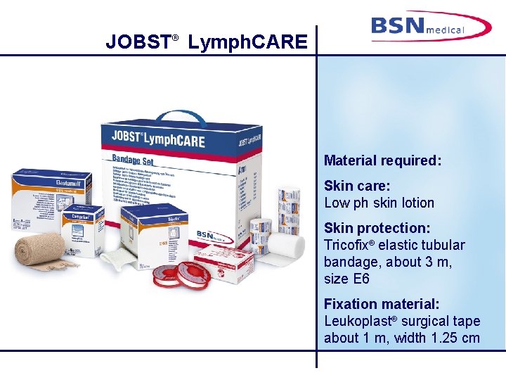 JOBST® Lymph. CARE Material required: Skin care: Low ph skin lotion Skin protection: Tricofix®