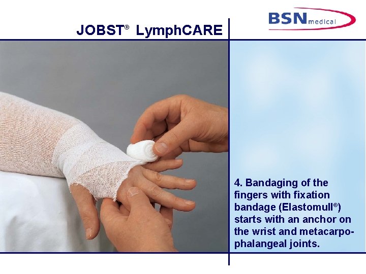 JOBST® Lymph. CARE 4. Bandaging of the fingers with fixation bandage (Elastomull®) starts with