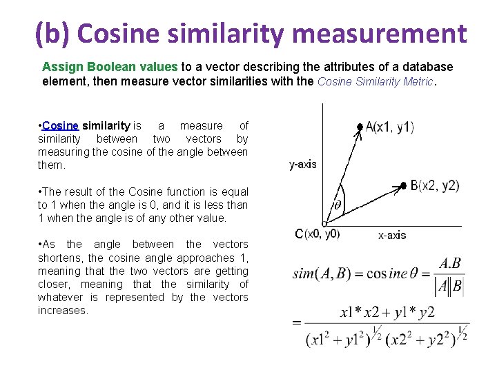 (b) Cosine similarity measurement Assign Boolean values to a vector describing the attributes of