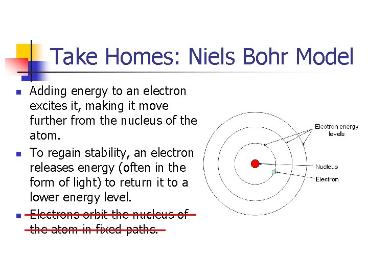 Take Homes: Niels Bohr Model n n n Adding energy to an electron excites