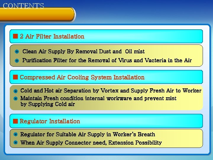 CONTENTS ■ 2 Air Filter Installation Clean Air Supply By Removal Dust and Oil