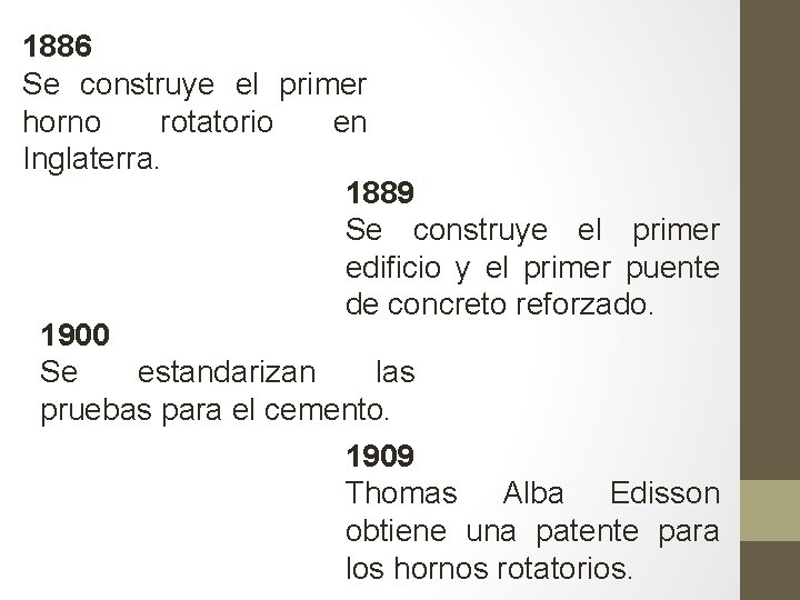 1886 Se construye el primer horno rotatorio en Inglaterra. 1889 Se construye el primer