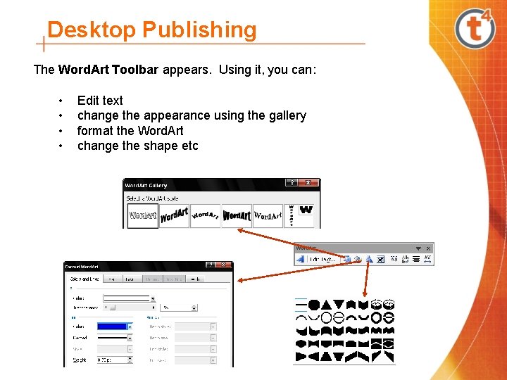 Desktop Publishing The Word. Art Toolbar appears. Using it, you can: • Edit text