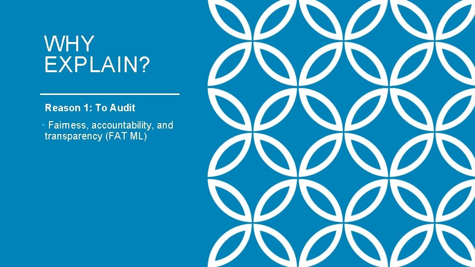 WHY EXPLAIN? Reason 1: To Audit • Fairness, accountability, and transparency (FAT ML) 