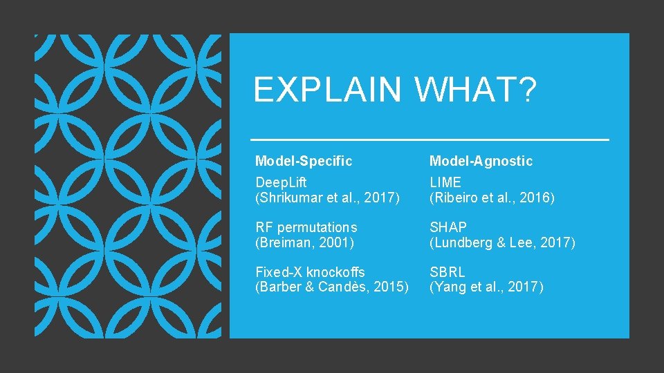 EXPLAIN WHAT? Model-Specific Model-Agnostic • Deep. Lift • (Shrikumar et al. , 2017) LIME