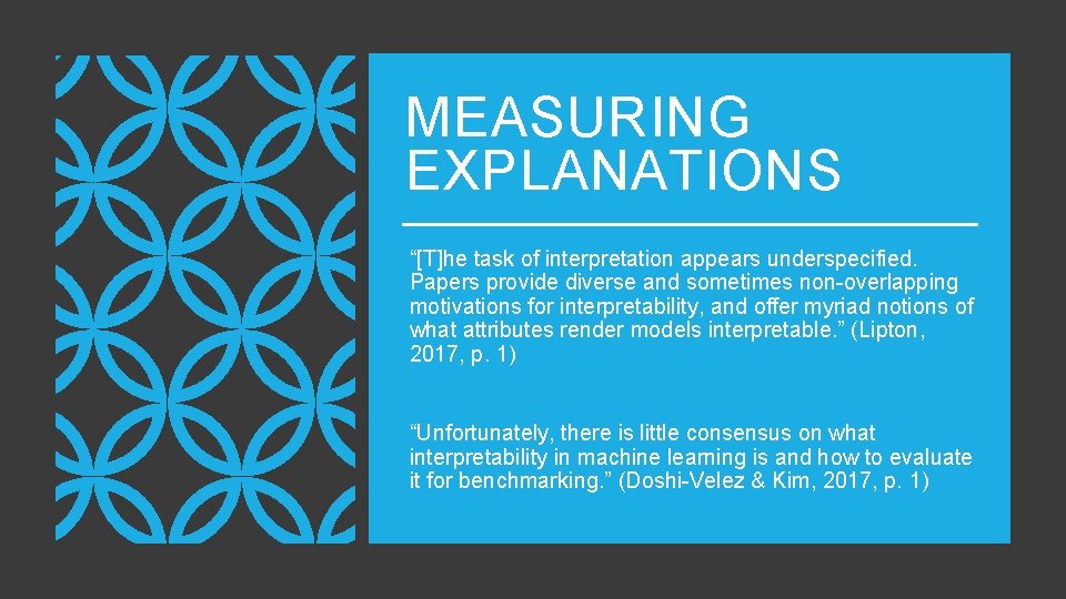 MEASURING EXPLANATIONS “[T]he task of interpretation appears underspecified. Papers provide diverse and sometimes non-overlapping