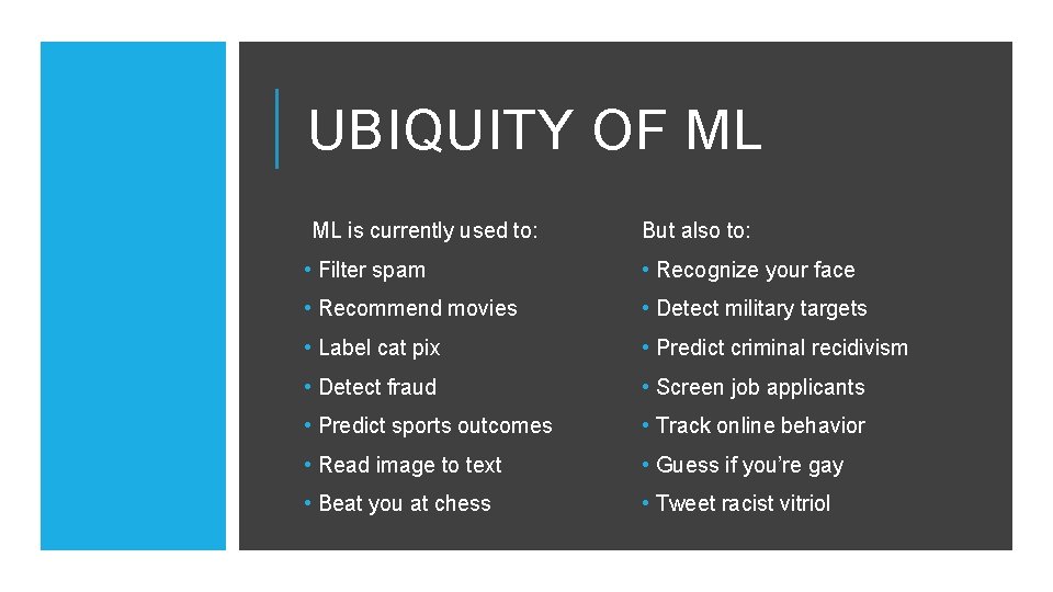 UBIQUITY OF ML ML is currently used to: But also to: • Filter spam