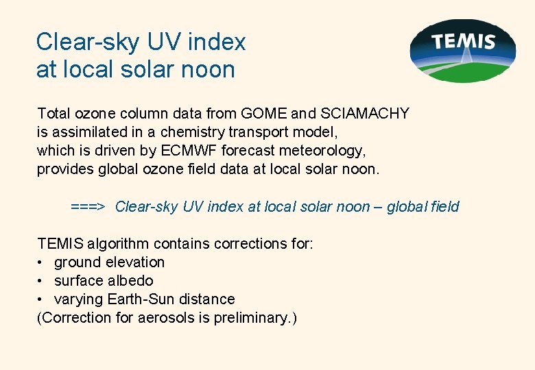 Clear-sky UV index at local solar noon Total ozone column data from GOME and