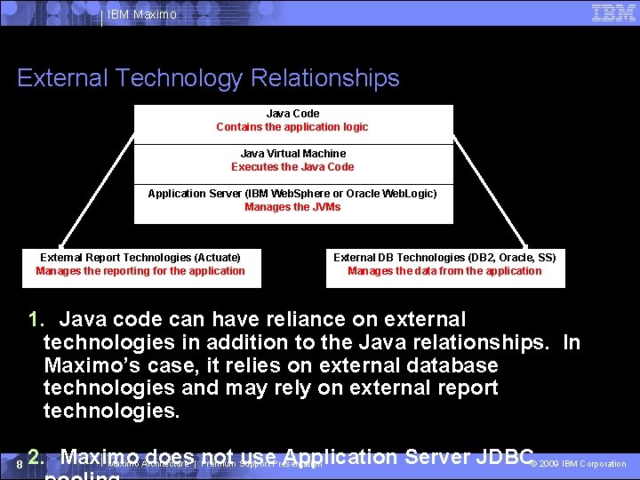 IBM Maximo External Technology Relationships Java Code Contains the application logic Java Virtual Machine IBM Maximo External Technology Relationships Java Code Contains the application logic Java Virtual Machine