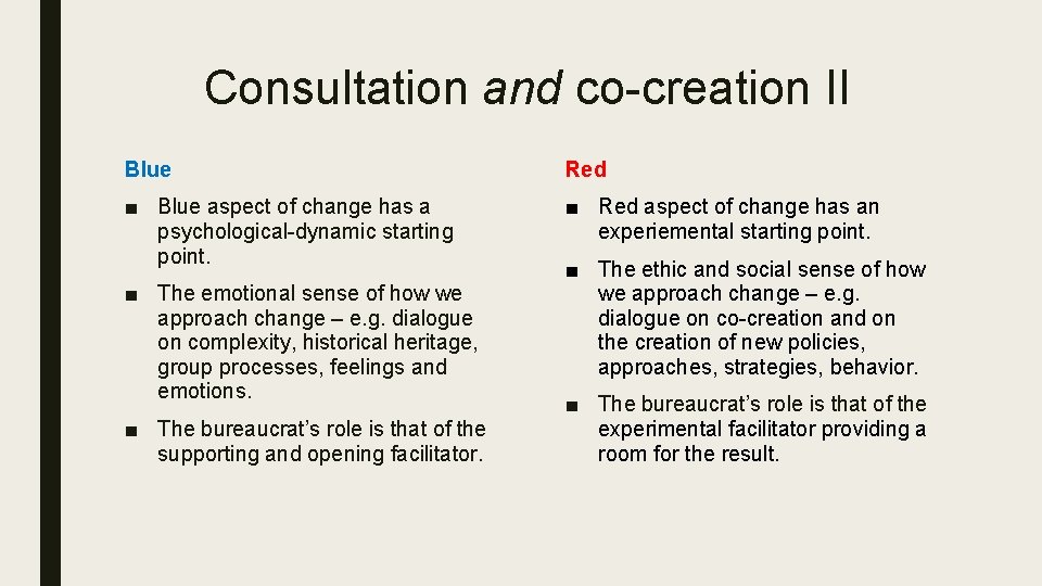 Consultation and co-creation II Blue Red ■ Blue aspect of change has a psychological-dynamic