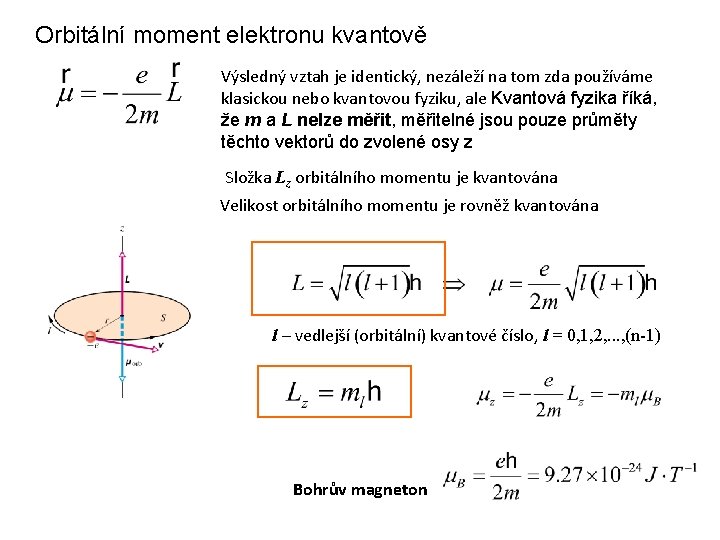 Orbitální moment elektronu kvantově Výsledný vztah je identický, nezáleží na tom zda používáme klasickou