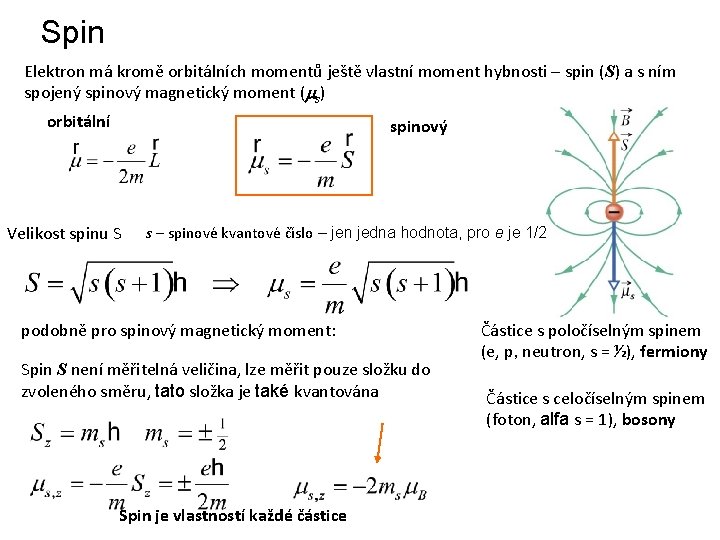 Spin Elektron má kromě orbitálních momentů ještě vlastní moment hybnosti – spin (S) a