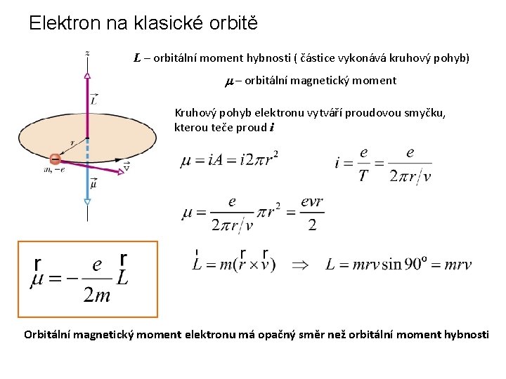 Elektron na klasické orbitě L – orbitální moment hybnosti ( částice vykonává kruhový pohyb)