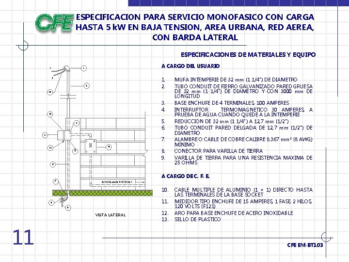 ESPECIFICACION PARA SERVICIO MONOFASICO CON CARGA HASTA 5 k. W EN BAJA TENSION, AREA