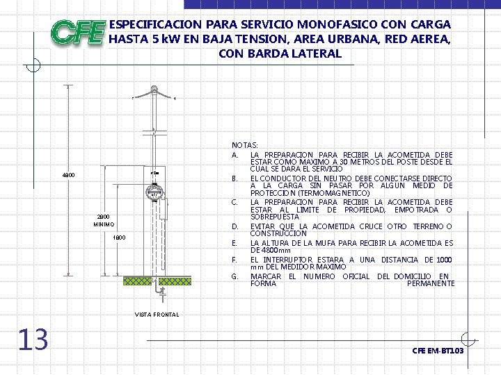ESPECIFICACION PARA SERVICIO MONOFASICO CON CARGA HASTA 5 k. W EN BAJA TENSION, AREA
