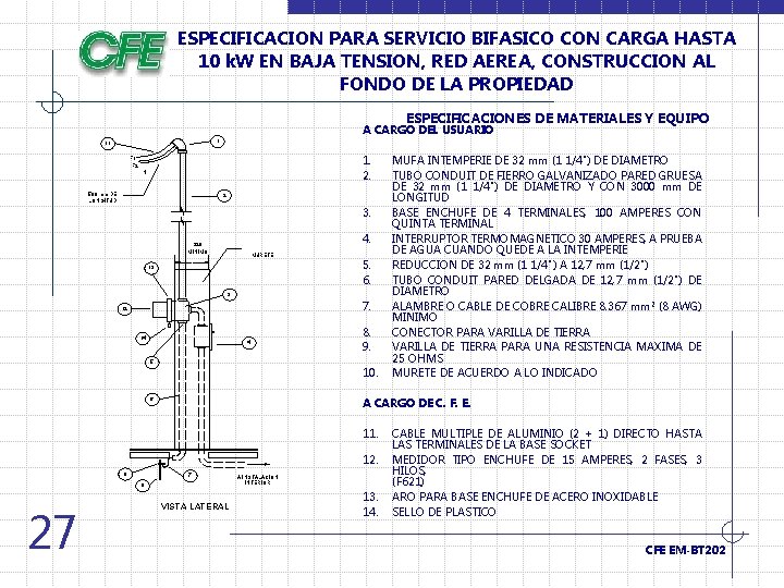 ESPECIFICACION PARA SERVICIO BIFASICO CON CARGA HASTA 10 k. W EN BAJA TENSION, RED