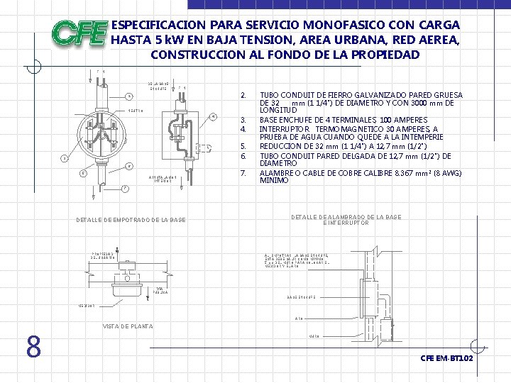 ESPECIFICACION PARA SERVICIO MONOFASICO CON CARGA HASTA 5 k. W EN BAJA TENSION, AREA