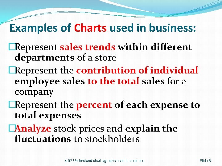 Examples of Charts used in business: �Represent sales trends within different departments of a