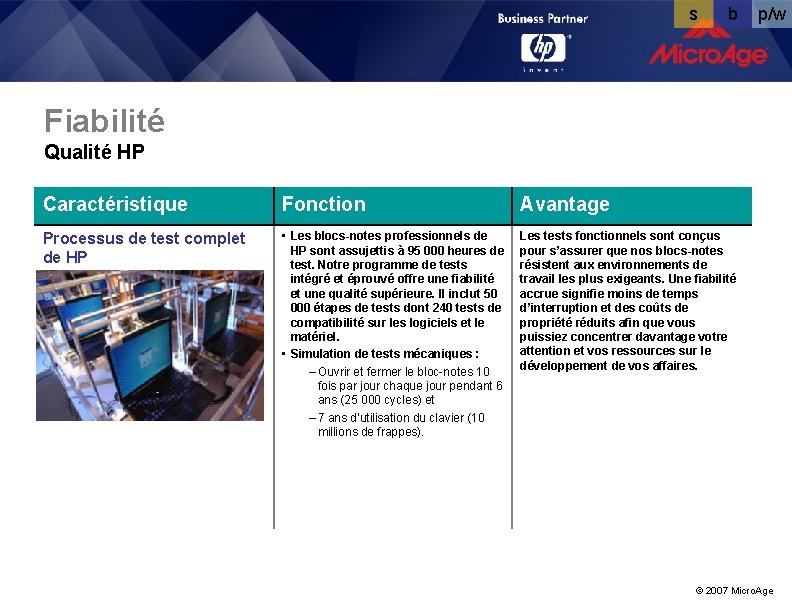 s b p/w Fiabilité Qualité HP Caractéristique Fonction Avantage Processus de test complet de