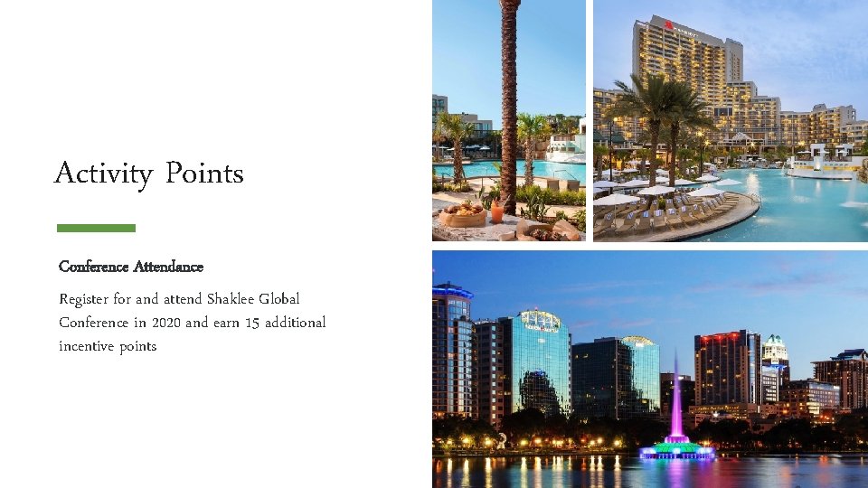 Activity Points Conference Attendance Register for and attend Shaklee Global Conference in 2020 and