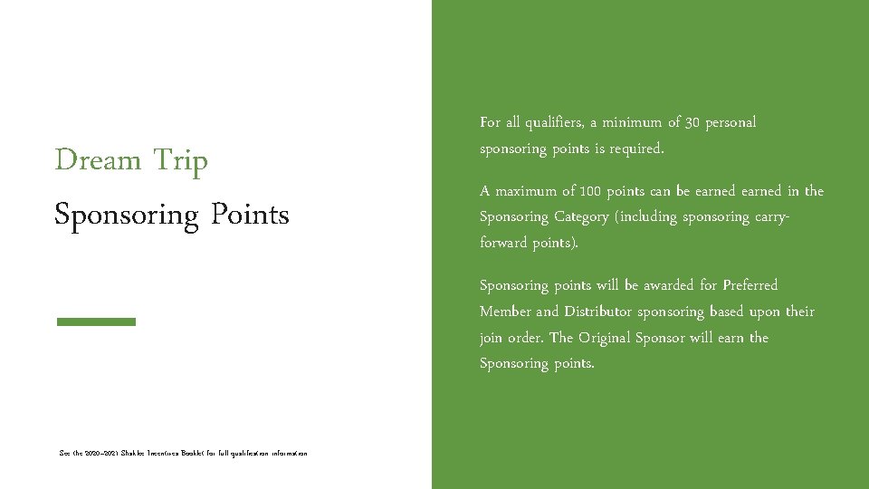 Dream Trip Sponsoring Points For all qualifiers, a minimum of 30 personal sponsoring points