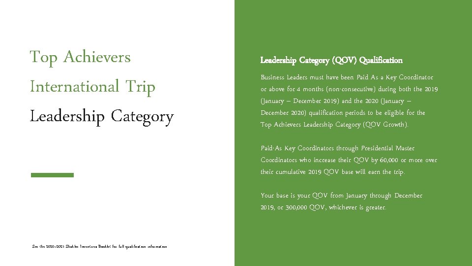 Top Achievers International Trip Leadership Category (QOV) Qualification Business Leaders must have been Paid