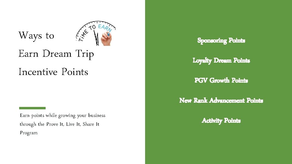 Ways to Earn Dream Trip Incentive Points Sponsoring Points Loyalty Dream Points PGV Growth