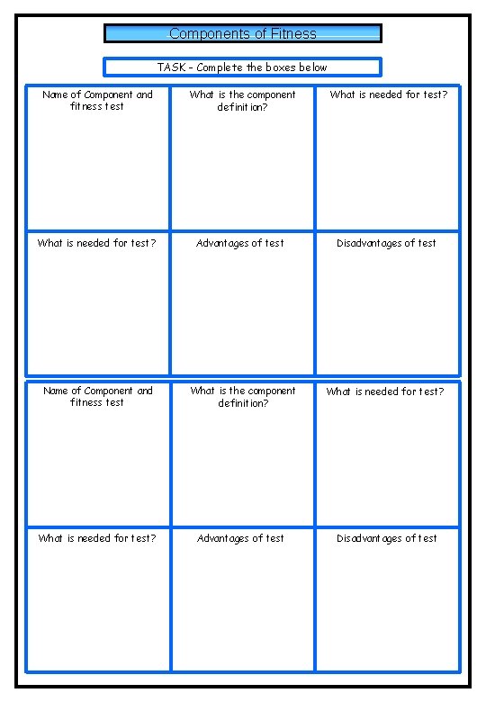 Components of Fitness TASK - Complete the boxes below Name of Component and fitness Components of Fitness TASK - Complete the boxes below Name of Component and fitness