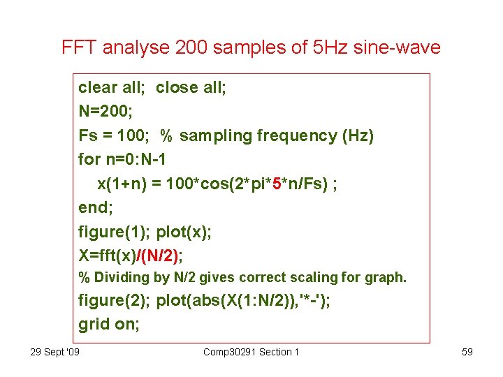 FFT analyse 200 samples of 5 Hz sine-wave clear all; close all; N=200; Fs