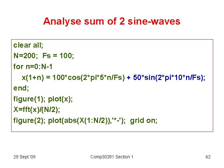 Analyse sum of 2 sine-waves clear all; N=200; Fs = 100; for n=0: N-1