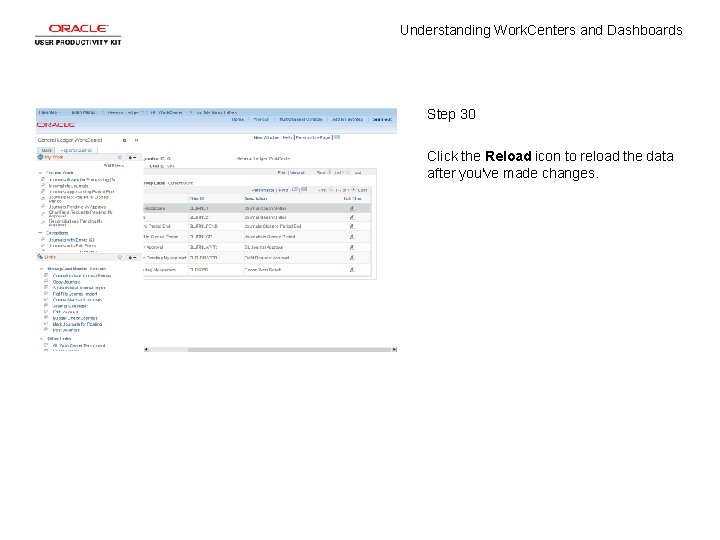 Understanding Work. Centers and Dashboards Step 30 Click the Reload icon to reload the